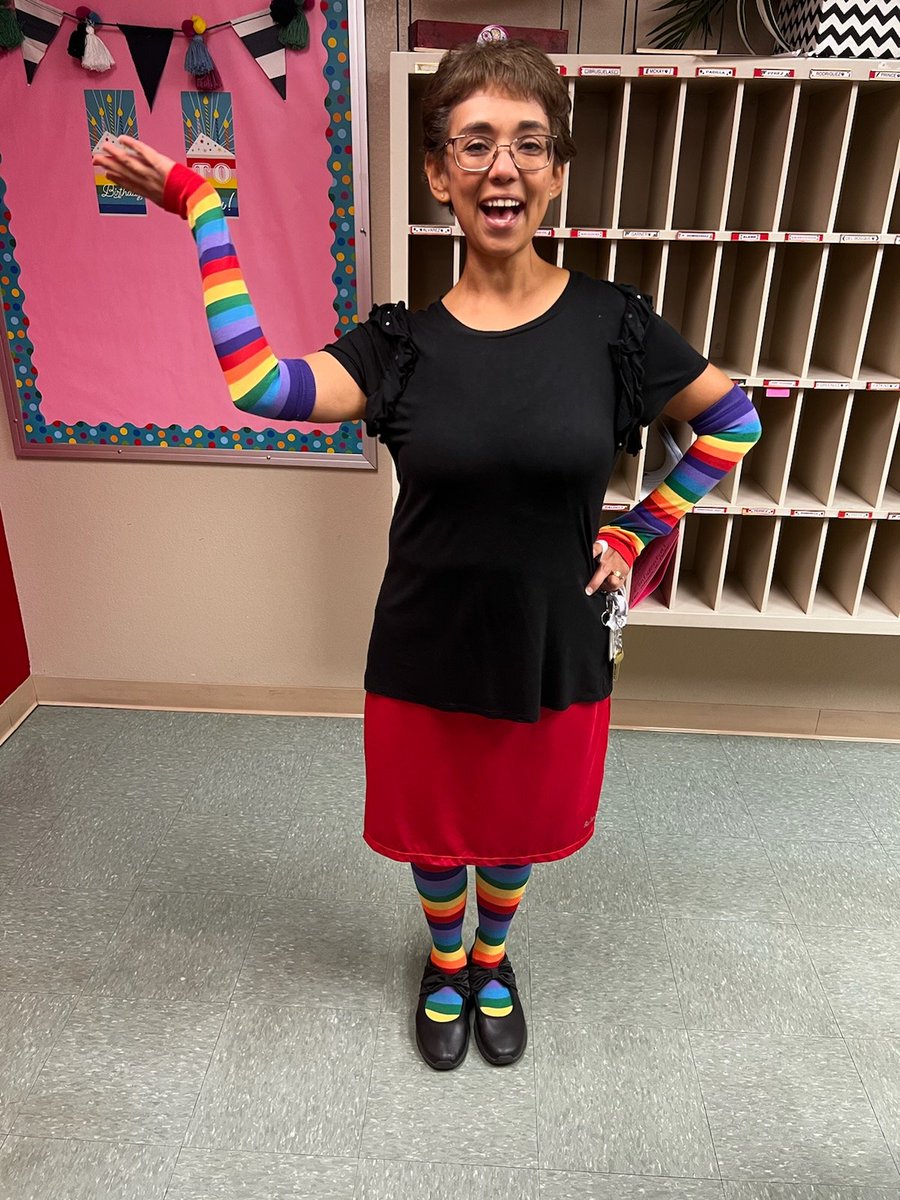 Crazy sock day turned into an impromptu book character day. I looked like Camila from "A Bad Case of Stripes".#RedRibbonWeek2022  @GoliadGrizzlies <a href="/GoliadLibrary/">GoliadGrizzlyLibrary</a>