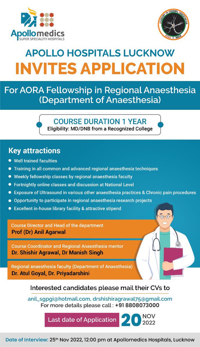We are inviting applications for fellowship in regional anaesthesia. This will be a good opportunity to learn skills and knowledge of this field. Thanks