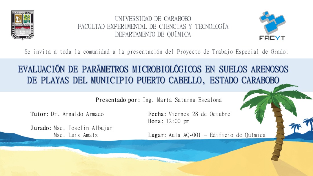 QuimicaFacyt's tweet photo. Los invitamos a asistir este viernes, 28 de octubre,  a la presentación del Proyecto de TEG, de nuestra estudiante  Maria Saturna Escalona.
#QuímicaFacytUC https://t.co/lO5jbNXXPR