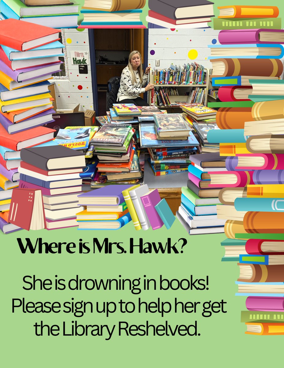 Help needed!! Poor Ms. Hawk is drowning in books and needs your help! Please consider volunteering in our library. Sign yourself or your teen (for service hours) up to help shelve books, we would really appreciate it!

cardinalforest.ptboard.com/sgnvw?group=&s…