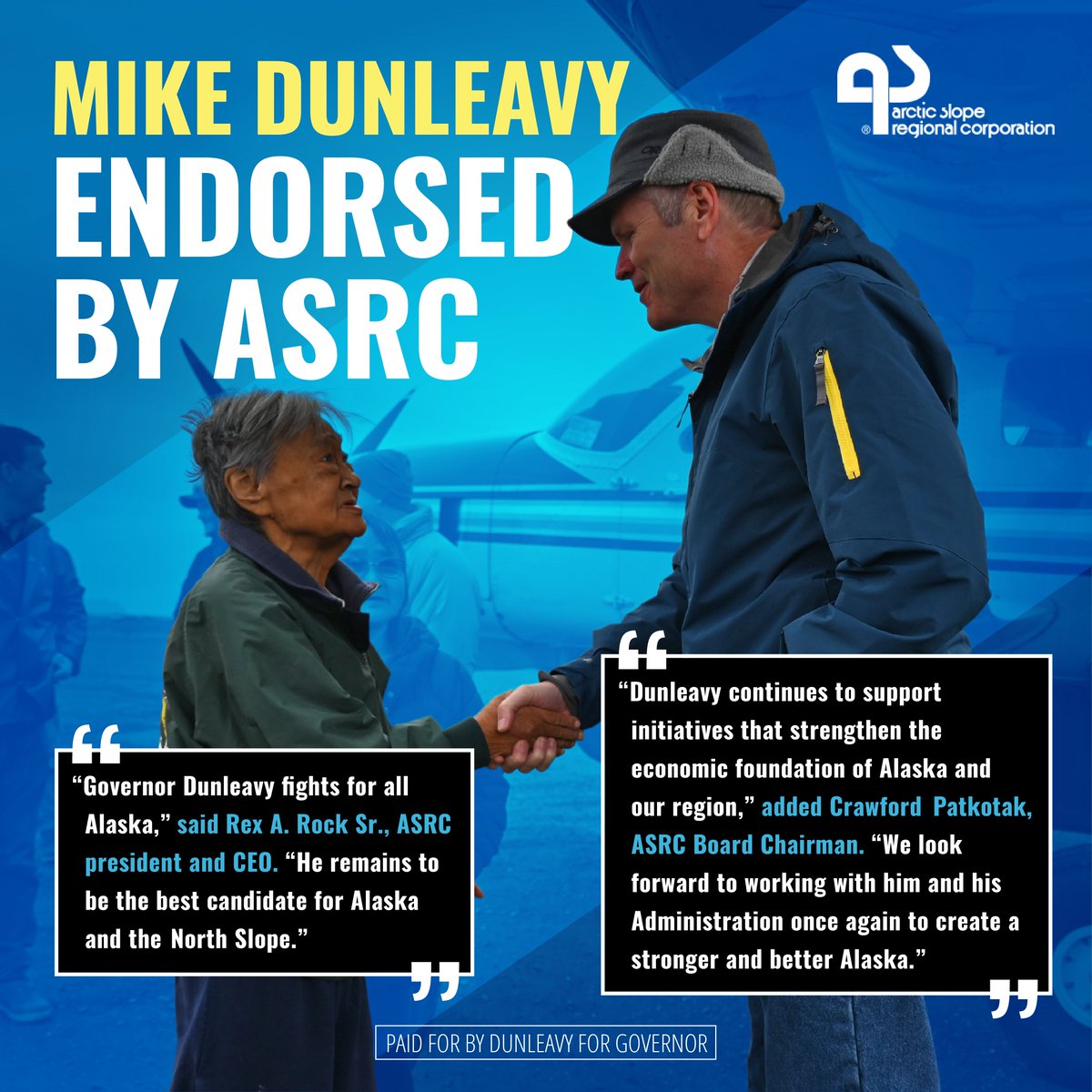 I’d like to thank the leaders of ASRC for supporting my campaign. Developing our natural resources has been a priority for me since day 1, and they are working hard to continue their long history of responsible development. I look forward to continuing our work together.