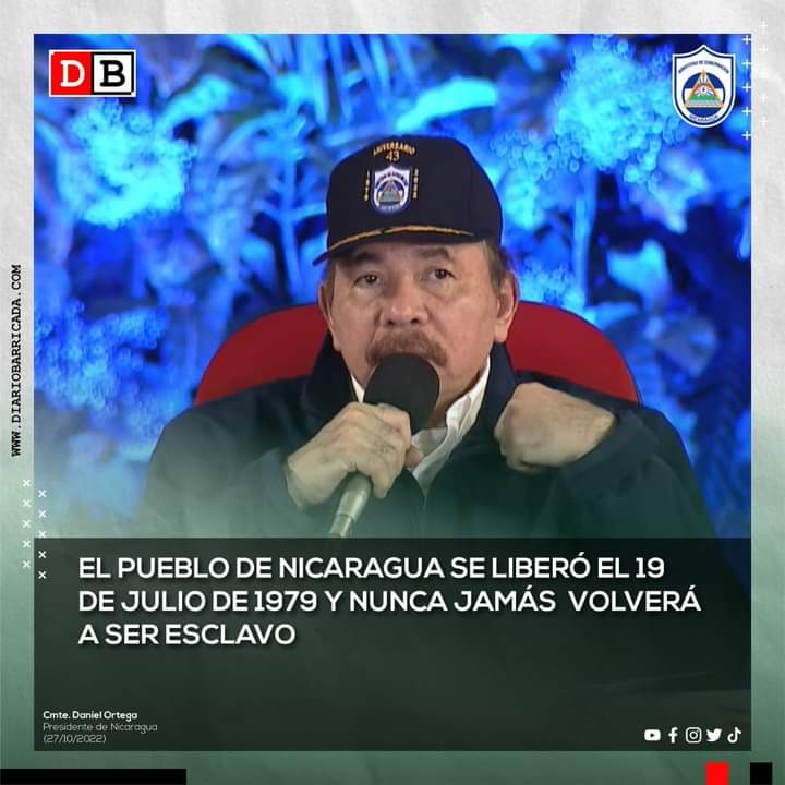 Las declaraciones del Comandante Daniel Ortega fueron dadas durante el 43 aniversario del Ministerio de Gobernación.

El Comandante Daniel Ortega aseguró que el pueblo nicaragüense se liberó el 19 de julio de 1979 y nunca jamás volverá a ser esclavo.

#2022PuebloVictorioso