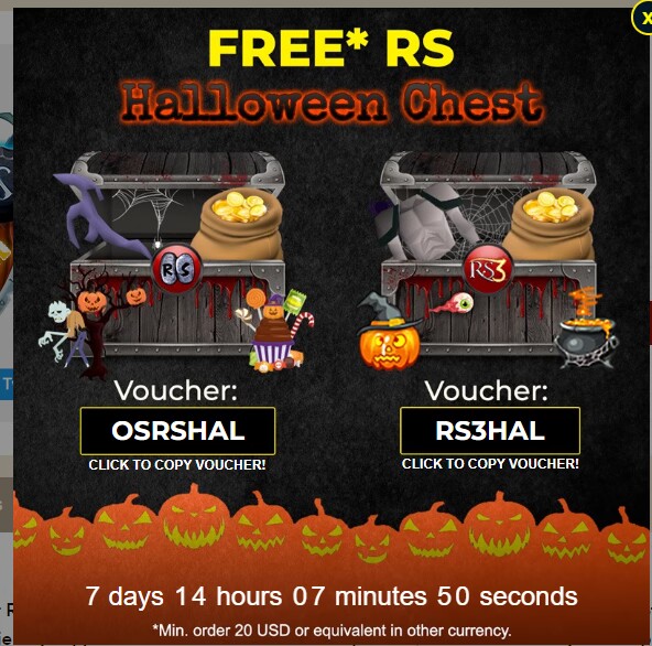 MiklosSamuka's tweet photo. Limited Time Offer!⏳

👻🎃 Order for more than $20 and apply voucher 👉OSRSHAL or 👉RS3HAL to grab a 🎁 Free RS Halloween Chest when you checkout!

🛒 Shop now: https://t.co/d8LSphhd1B 

#RPGStash #RuneScape #OldSchool #Halloweenchest https://t.co/keSi4v0x04