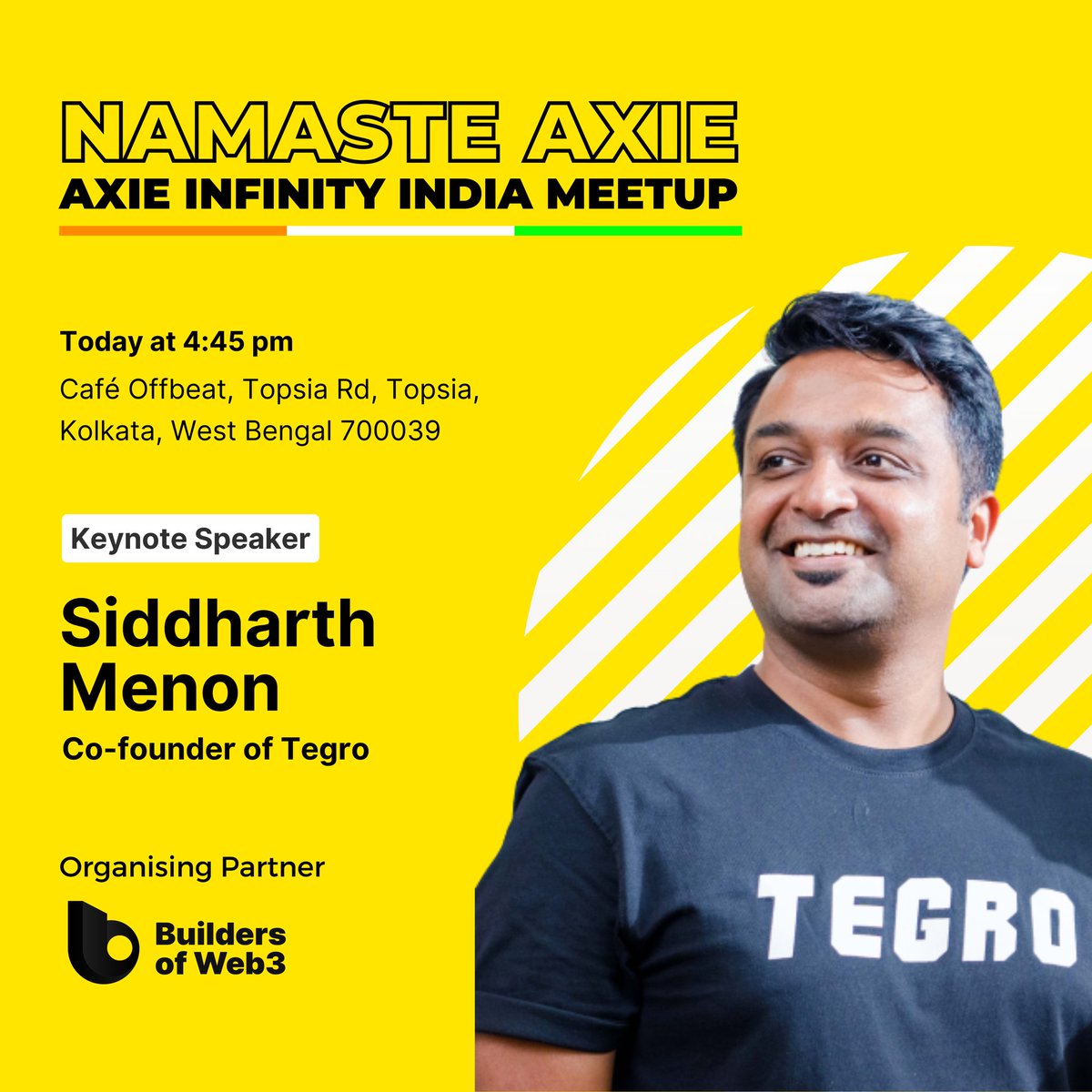We are delighted to announce that  our Keynote Speaker for #NamasteAxie is "Siddharth Menon"  who is going to speak about Past and Future of Web3 Gaming.

<a href="/axieinfinity/">Axie Infinity</a> <a href="/buddhasource/">Siddharth Menon | PayRam</a>
<a href="/buidlersofweb3/">Builders Of Web3</a>