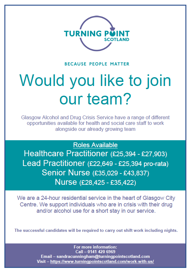 We have some exciting and engaging career opportunities at our Glasgow Alcohol and Drug Crisis Service. 

For more information or to apply
☎️  0141 420 6969
📧  sandracunningham@turningpointscotland.com
🖱  turningpointscotland.com/work-with-us/