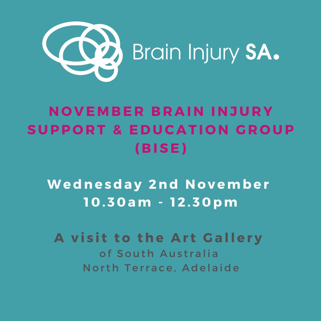 November Brain Injury and Support group is all about art! Meet at the Art Gallery of SA for an explore at your leisure, then meet at the Art Gallery Café at 11.30am where people can purchase morning tea. RSVP to edward@braininjurysa.org.au 

#braininjurysupport
