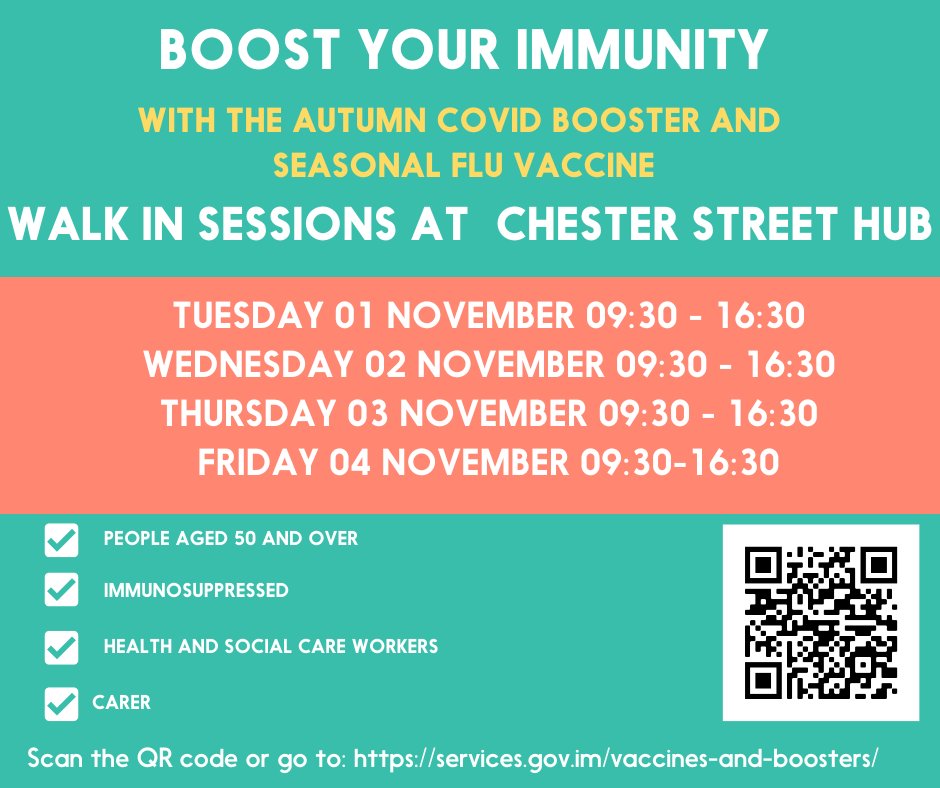 Don't forget there is a walk-in session for Autumn Covid Booster today (Tuesday 01 November) at the Chester Street Vaccination Hub between 09:30 - 16:30. You will be offered a seasonal flu vaccine at the same time as your Autumn Covid Booster.