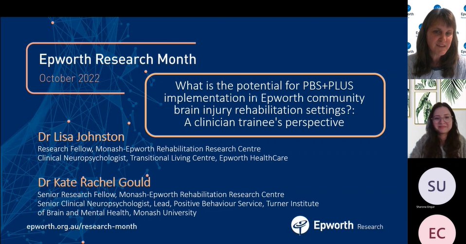 PBSPlusProject's tweet image. Drs Lisa Johnston &amp;amp; Kate Gould @THINKFULLY_  talk about the potential of #PBSplus for @Epworth #Neurorehabilitation as part of the research month. 
Link to the webinar now available!⬇️
vimeo.com/764773920

@MERRC_Research @TI_BrainRehab #ChallengingBehaviour #BrainInjury #PBS