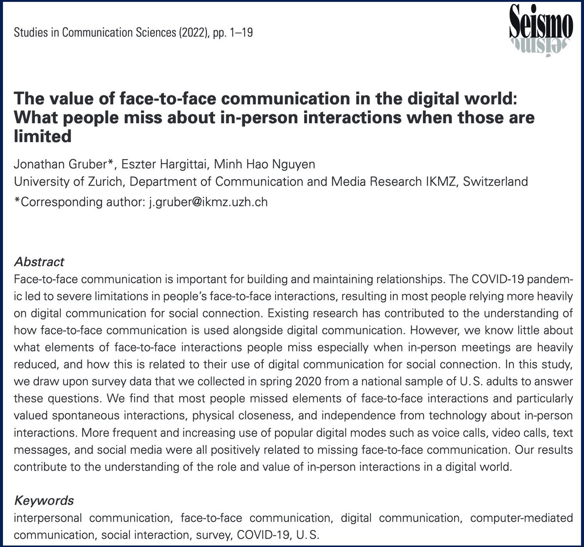 Jonathan Gruber (@gruberjona) on Twitter photo What did people miss about face-to-face communication during the first #COVID19-Lockdown?
New #openaccess paper in <a href="/SComS_Journal/">SComS: Studies in Communication Sciences</a> with <a href="/eszter/">Eszter Hargittai 😷💉🌻</a> & <a href="/minh_hao/">Minh Hao Nguyen</a>.
👉 doi.org/10.24434/j.sco… (🧵 ahead) What did people miss about face-to-face communication during the first #COVID19-Lockdown?
New #openaccess paper in <a href="/SComS_Journal/">SComS: Studies in Communication Sciences</a> with <a href="/eszter/">Eszter Hargittai 😷💉🌻</a> & <a href="/minh_hao/">Minh Hao Nguyen</a>.
👉 doi.org/10.24434/j.sco… (🧵 ahead)