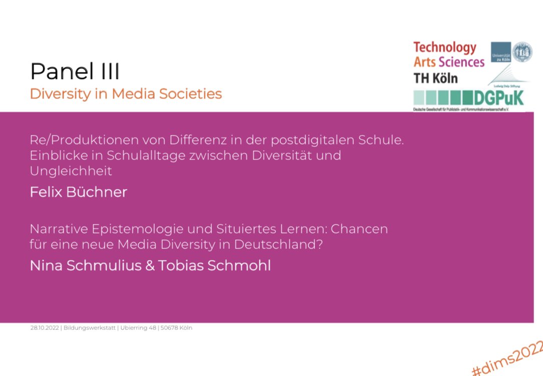 dgpuk_internatl's tweet photo. Der zweite Tagungstag startet mit Panel III, in dem es um Re/Produktionen von Differenz in der #postdigital|en Schule (@fbue_edu) &amp; um Chancen für eine neue #Media #Diversity in Deutschland (@NinaSchmulius | @tobiasschmohl) geht.

#dims2022 ^lr https://t.co/iqPpL3gEvq