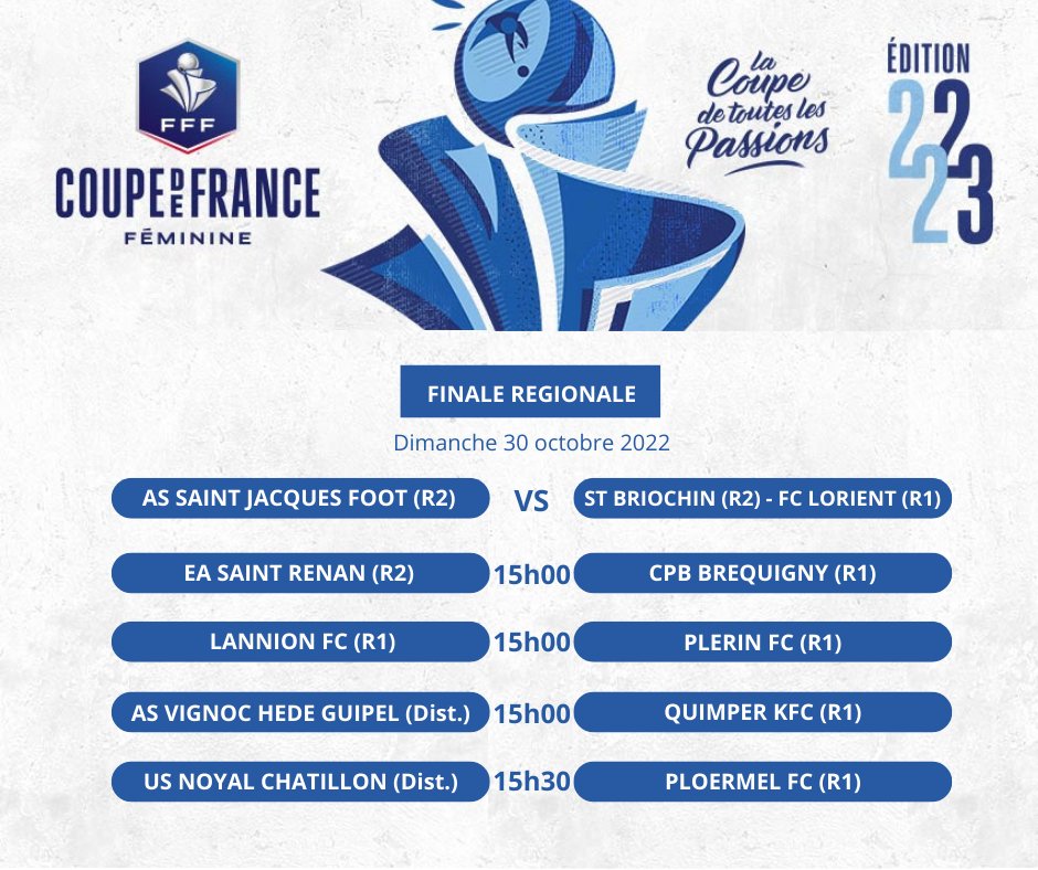 [FEMININES]
Le programme de la Finale Régionale de la Coupe de France Féminine ! Quelle équipe sera au RDV du 1er tour fédéral ? Réponse Dimanche !

@EASTRENAN @CpbBreqFeminine <a href="/AsvhgFoot/">ASVHG Foot</a> <a href="/PloermelFC/">Ploërmel FC</a>