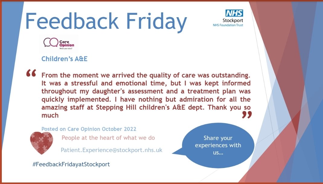 StockportPtExp's tweet photo. Today is another @StockportNHS #FeedbackFridayatStockport where we share some more off the lovely #patientexperience feedback given by our patients, families, carers &amp; friends #Peopleattheheartofwhatwedo 💚💜 @NicolaFirth6 @helshow1 @careopinion @warnetony @HWStockport https://t.co/mDjvUmeiKU