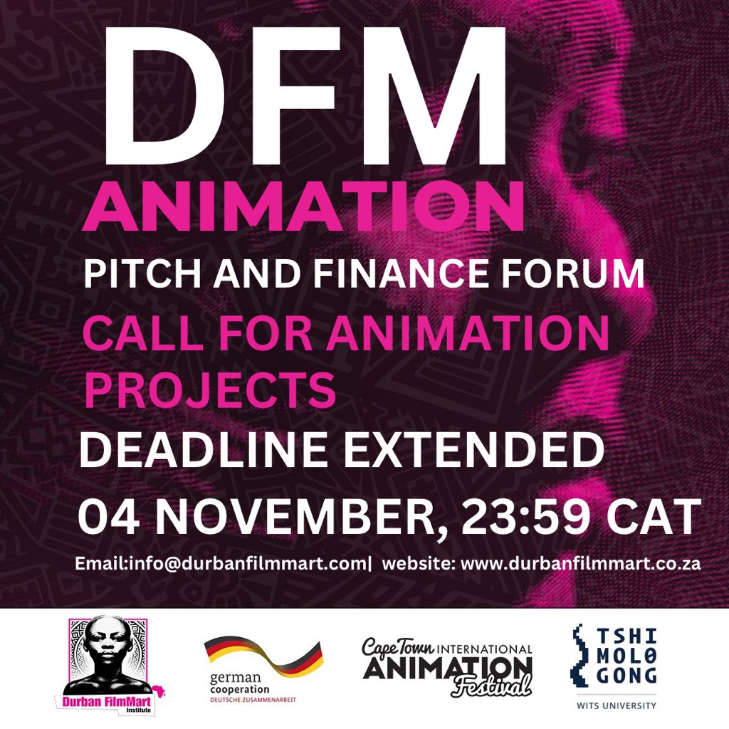 The Durban FilmMart Institute has extended the deadline for the animation projects in development for the 2023 Pitch and Finance Forum.

Applicants are encouraged to submit their projects by Friday , 04th November 2022 at 23:59 CAT

Apply here👉 durbanfilmmart.co.za/pitch-and-fina…
