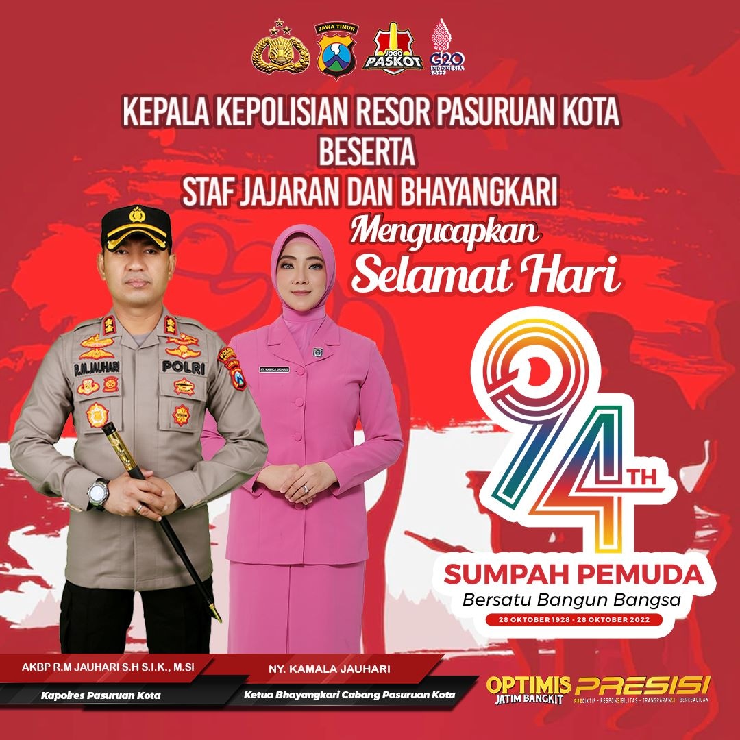 respaskot11's tweet photo. Kepala Kepolisian Resor Pasuruan Kota AKBP RADEN MUHAMMAD JAUHARI, S.H., S.I.K https://t.co/ZOpQr9IDdx. beserta Staf dan Bhayangkari mengucapkan 
Selamat Hari Sumpah Pemuda Bersatu Bangun Bangsa Ke 94 Tahun
28 Oktober 1928 - 28 Oktober 2022
#paskot #polrespasuruankota #humaspolri https://t.co/vBYqLjGX2N