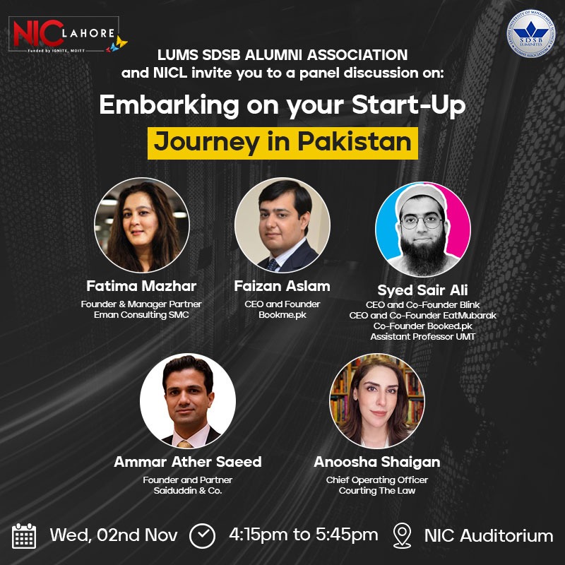 SDSBLuminites's tweet photo. SDSB Luminites Association &amp; @NICLahore invite you to a panel discussion with some of Pakistan's most successful young entrepreneurs on the topic "Embarking on your Start-Up Journey in Pakistan".

Register on the below link: https://t.co/yVpvA7peW0

#LUMS #SDSB #SpeakerSessions https://t.co/f6Y8omE5L3