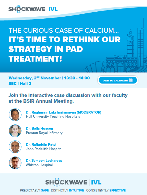 ShockwaveIVL's tweet photo. Curious…very curious. 🪄 On November 2nd, join us at #BSIRASM in Glasgow for the #ShockwaveIVL interactive case discussion, “The Curious Case of Calcium…It’s Time to Rethink Our Strategy in #PAD Treatment!”
ISI https://t.co/sZ0NdzXNcV #BSIR2022 #ASM2022 @BSIR_News https://t.co/VMVbDTcCsP