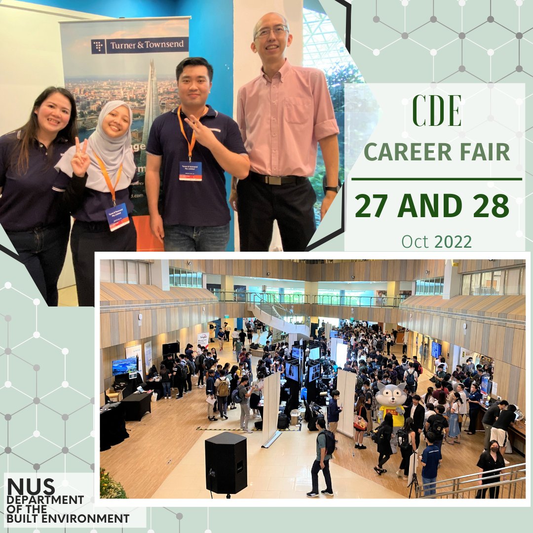 It’s great to see our former students Nadiah Zamree (PFM 2021) and Chee Shang Wen (PFM 2022) at the CDE Career Fair 2022. A big 'thank you' to them and all the employers for coming down to NUS to meet our students.

#NUS #CDE #DBE #CareerFair #NUSCFG #PFM #IPM #ProjectManagement