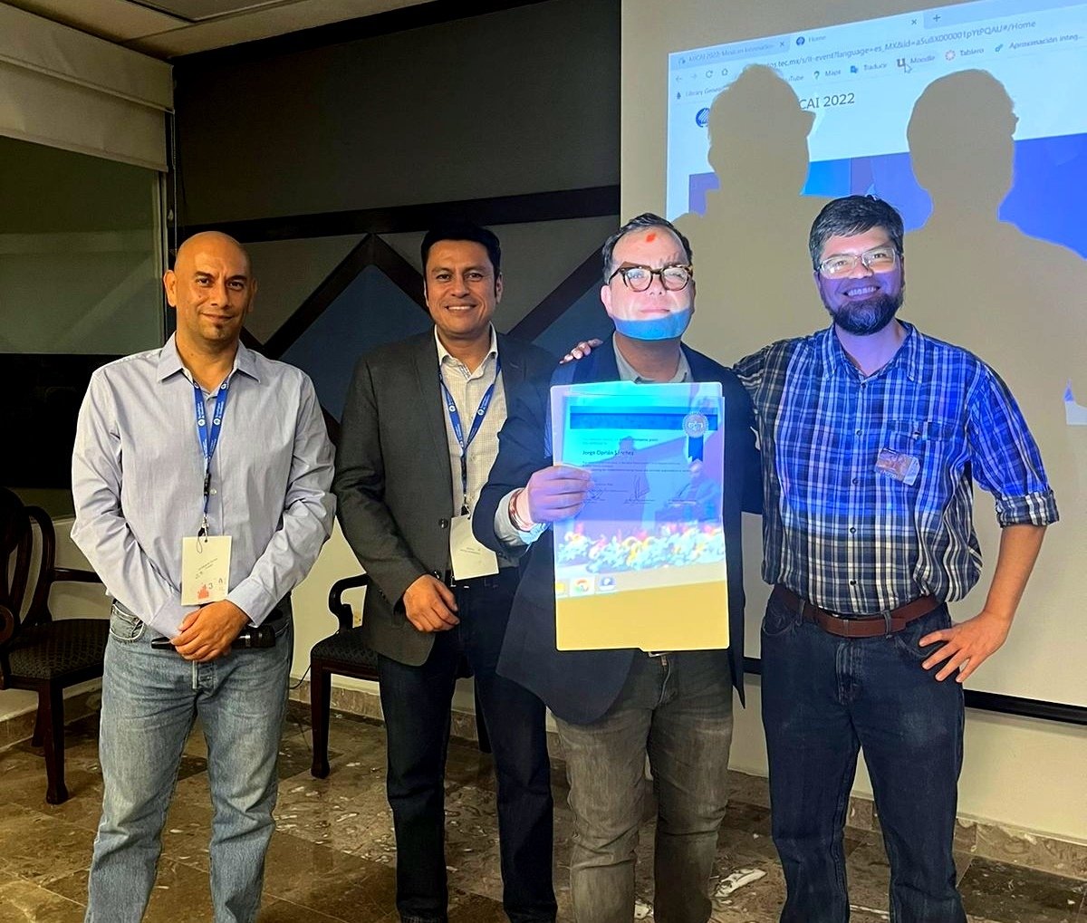 Beto_OchoaRuiz's tweet photo. Very glad to have won two prizes at #MICAI2022 @smia_mx 🥳🥳🥳!
Best master #AI thesis in Mexico
(Premio Jose Negrete Martínez 😀)
to Jorge Ciprián (we got 3 journal papers accepted in 3 years) &amp; 3rd best paper w/ Axel 😊for our work  with CRAN in France 😎 https://t.co/JMXOYTrgyP