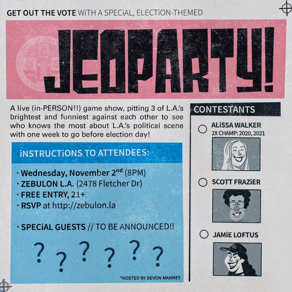 LESS THAN A WEEK AWAY 🤓 Come out to Zebulon Nov 2 to celebrate the close of the local election cycle with some good ol' fashion competition. Start placing your bets on which <a href="/thelapod/">LA Podcast</a> host knows the most niche LA facts: <a href="/awalkerinLA/">Alissa Walker</a> or @safrazie or <a href="/jamieloftusHELP/">jamie loftus 🌭</a> 🤔??