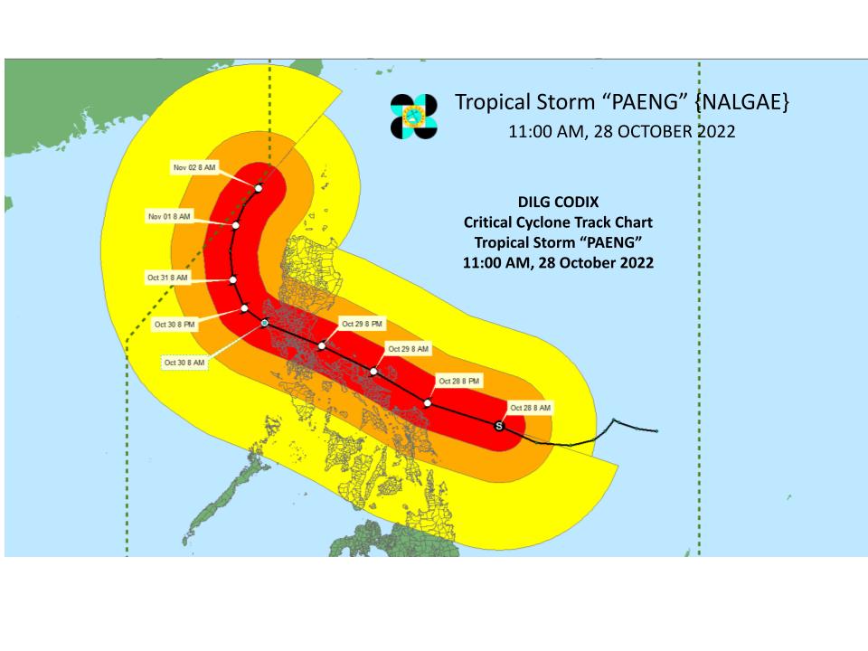 DILG_CODIX's tweet photo. Critical Cyclone Track Chart for TS #PaengPH as of 11:00 AM 28 October 2022
#PaengPH #MagingLISTO #DisasterPreparedness
@DILGPhilippines
@NDRRMC_OpCen
@dost_pagasa
@civildefensePH
#LISTO
Also follow us on:
FB: https://t.co/3HDTDhVO2M
iG: @DILG_CODIX https://t.co/FvKT8DTN26