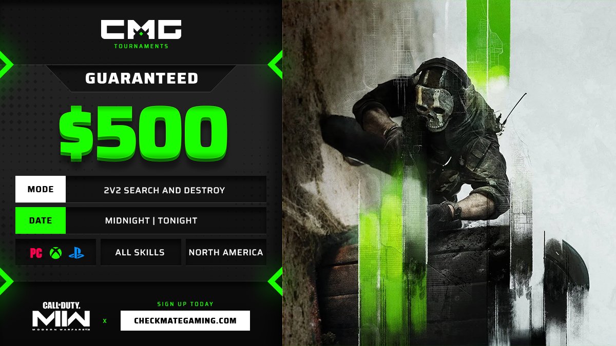 🏆 $500 GTD WARMUP KICKOFF 2v2 BEST OF 1
   
💰 $500 GTD PRIZE   
📝 North America | Best of 1   
📅 12:00 AM ET / 9:00 PM PST  
   
Sign up Here » checkmategaming.com/tournament/cro…

#CMG #MWII #LAUNCHNIGHT