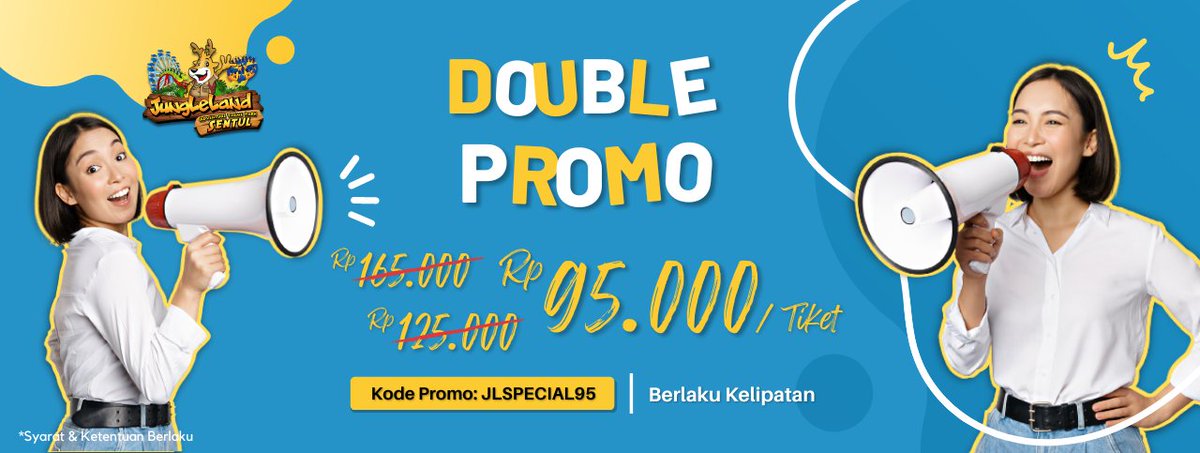 Gaezzz ada yang bikin sumringah nih buat weekend besok!! 📣

Double Promo JungleLand diperpanjaaaaannggg🤩
Kamu bisa dapatkan tiket JungleLand dengan harga Rp 95rb aja per tiket dengan masukkan kode promo "JLSPECIAL95".

Cuuss serbuuu 👉 bit.ly/3U87q3P