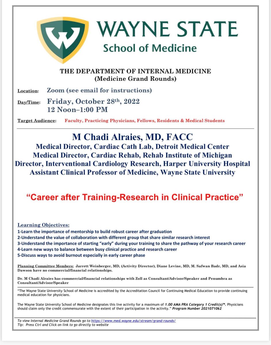 Privileged to give the <a href="/waynemedicine/">Wayne State University School of Medicine</a>  grand rounds on Building Research Career in Clinical practice

Link: lnkd.in/gvZBPi9Z 

<a href="/wsuim/">WSU/DMC Internal Medicine Residency</a>  <a href="/zghouzi/">Mohamed Zghouzi, MD, RPVI</a> @DMC_Heals  <a href="/BeaumontCards/">William Beaumont Hospital - Cardiology Fellowship</a> <a href="/AdnanHalboni/">Adnan.Halboni</a>  <a href="/waynecardio/">Wayne State University Cardiology Fellows</a> <a href="/DryasarsattarMD/">Yasar sattar MD MS</a> <a href="/vakasullah/">Waqas Ullah</a> <a href="/mmamas1973/">Mamas A. Mamas</a> <a href="/mirvatalasnag/">MIЯVΛƬ #IC</a>  <a href="/SVRaoMD/">Sunil V. Rao</a>