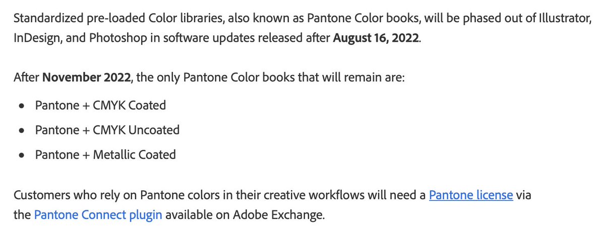 Fun times ahead for #Adobe designers. Today, if you open a PSD (even one that's 20 years old) with an obscure PANTONE colour, it will remove the colour and make it black. Pantone want US$21/month for access, and Solid Coated goes behind the paywall in early November.