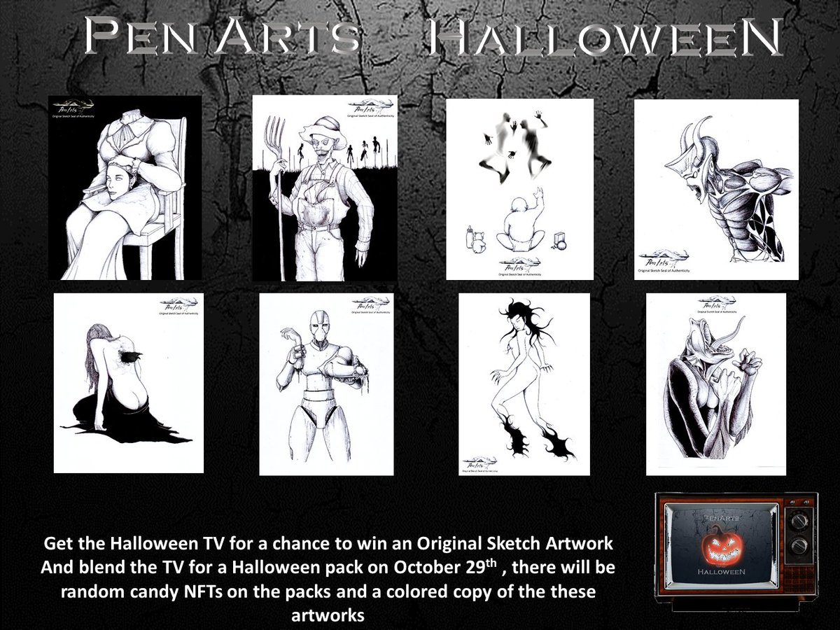 PenArts Halloween Special
TV blend to pumpkin pack Oct. 29th 

Get Halloween TV to a chance to win Sketch artworks mint 1/1 that includes the rendered art and the Portrait in HD graphics
nfthive.io/drop/nfthivedr…
neftyblocks.com/c/penartdborjs…

#WAXNFT #NFTart #illustration #NFTCommunity
