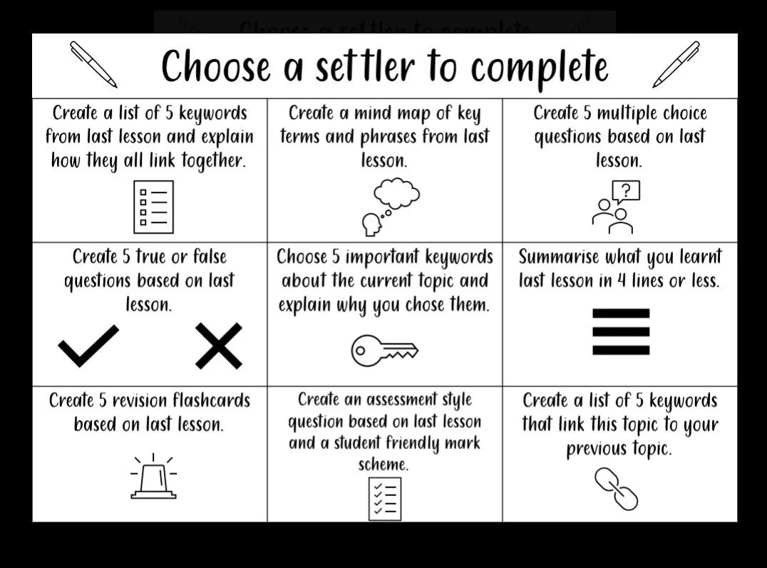 ImtaBrendan's tweet image. Settler grid - ask students to pick one and complete at the start of class - great method for retrieval.