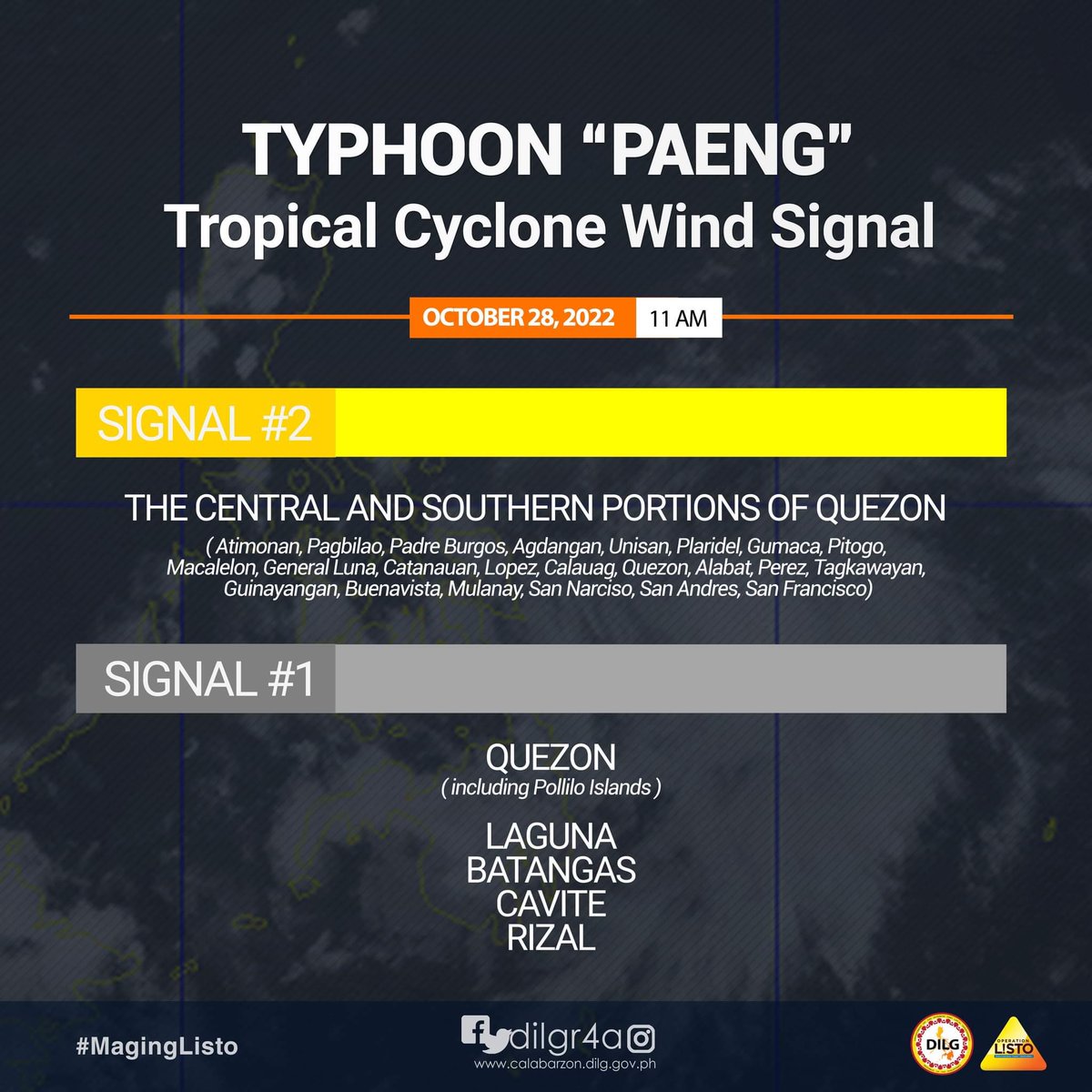 dilgr4a's tweet photo. TINGNAN β’ Ayon sa 11am bulletin ng PAGASA ngayong October 28, 2022, narito ang mga lugar kung saan nakataas ang Tropical Cyclone Wind Signal sa CALABARZON dahil sa Typhoon #PaengPH:
#WeAreYourDILG #MagingListo https://t.co/IDEafrisnn