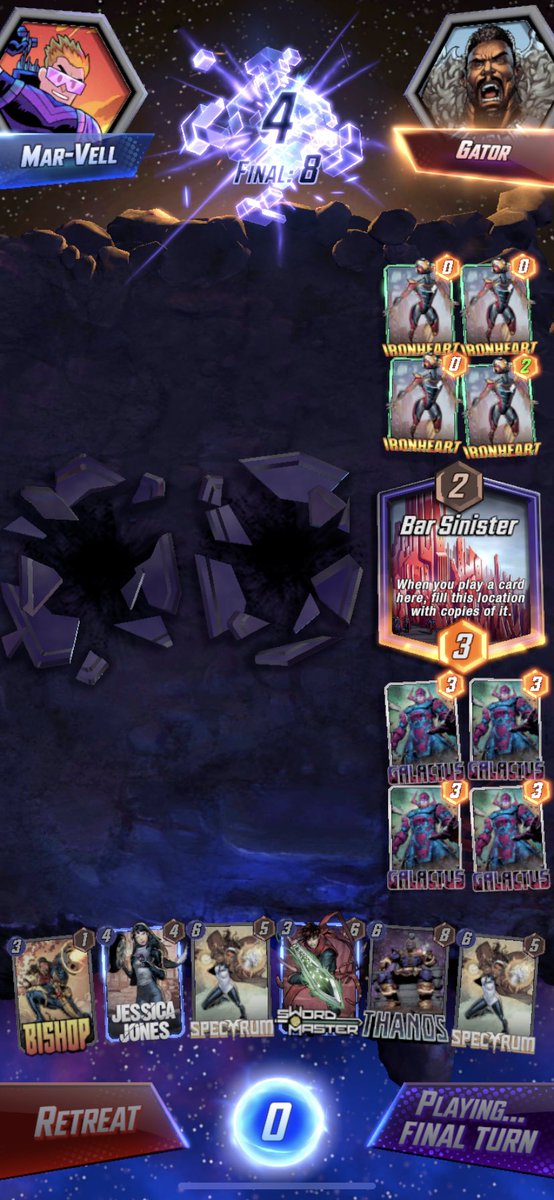BlastOffBaseNFT's tweet photo. Snuck a last minute play and was a close call on @MARVELSNAP but love coming through with the Victory. Sorry to whoever Gator is https://t.co/xGI0vydhDV