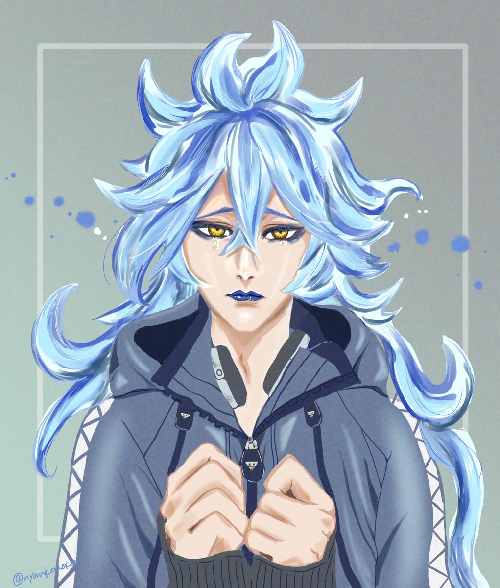 blue lips 1boy long hair male focus yellow eyes solo blue hair  illustration images