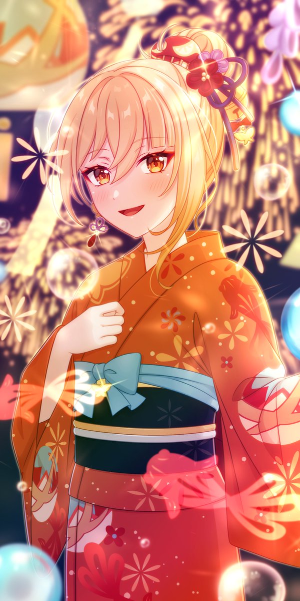 yoimiya (genshin impact) 1girl japanese clothes kimono blonde hair orange kimono solo hair ornament  illustration images