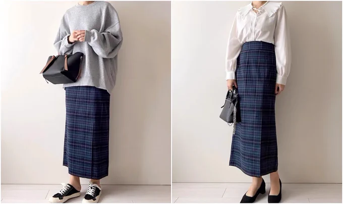 【着回し】美シルエットに惚れたグローバルワークの「楽ちんスカート」体型がスッキリ見えるんです…!グローバルワークの「チェックスカート」がオシャレ抜け感のあるデザインが可愛いんです。シンプルなトップスと合わせるだけで、今っぽいコーデが完成しますよ〜! 