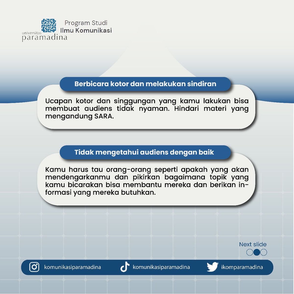 ikomparamadina's tweet photo. Halo Teman Mahasiswa! Nih, Minkom kasih tips lagi tentang hal yang jangan dilakukan saat public speaking. semoga membantu ya! 🙌

#tipsmahasiswa #publicspeaking #ilmukomunikasi #universitasparamadina https://t.co/zNPZVhmKB5