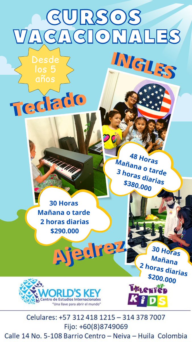WORLDSKEYCEI's tweet photo. LLEGARON LOS CURSOS VACACIONALES. No pierdas la oportunidad de hacer que tus hijos aprovechen el tiempo de las vacaciones aprendiendo INGLES, AJEDREZ O TECLADO. Informes 3124181215-3115339640. Calle 14 No. 5-108 Neiva Huila. INSCRIPCIONES https://t.co/Fc6KMB3qHn https://t.co/nVJaokg4yo