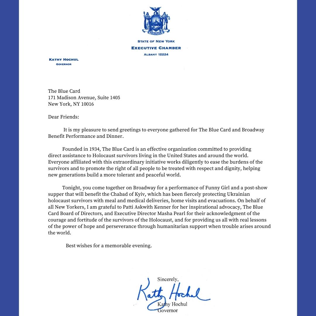 The Blue Card is proud to receive a letter in support of our efforts from <a href="/GovKathyHochul/">Governor Kathy Hochul</a> . Thank you to Governor Hochul for recognizing our work benefitting Holocaust survivors in Ukraine.