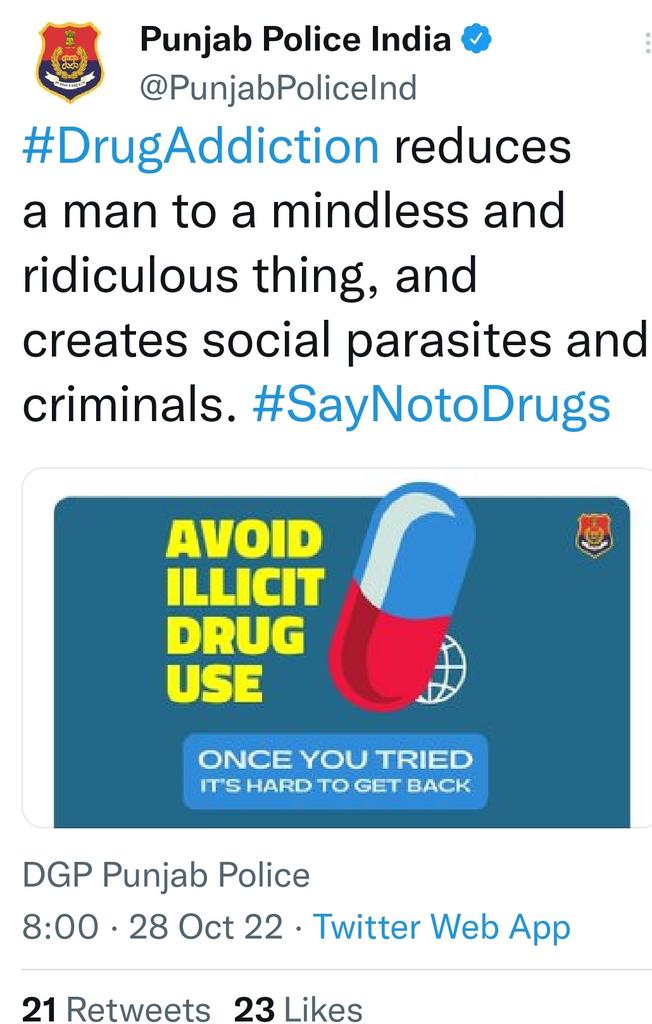 Whoever is handling the account @PunjabPoliceInd needs a crash course to understand #drugs & #addiction. Why go into 'spreading awareness' when you are so unaware yourself?