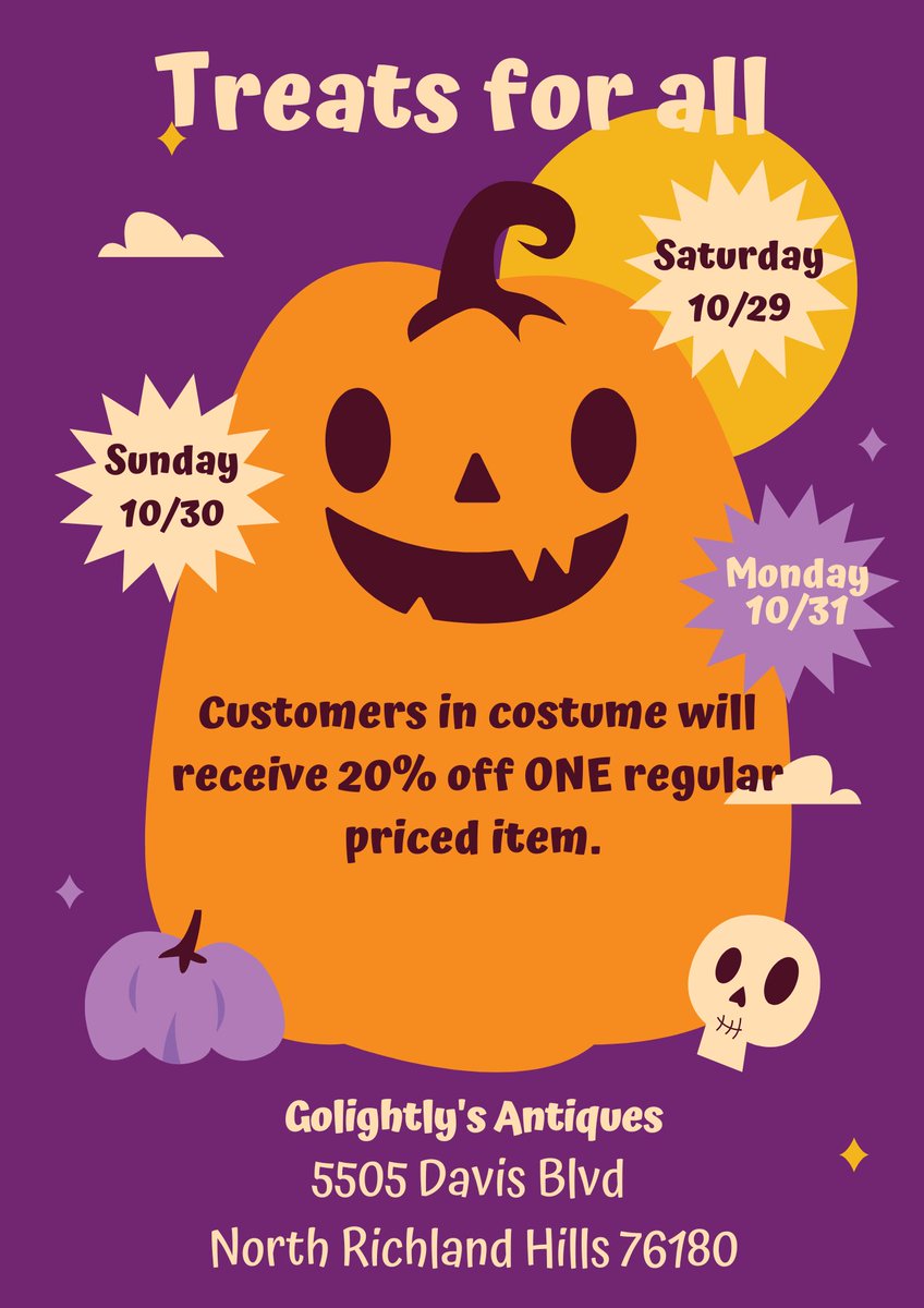 It's a Spooky 20% Saving off one full price item October 29th, 30th and 31st,  2022.

Must be in Costume. 
#JunquejunkiesTX 
#vintage 
#GolightlyAntiques 
#northrichlandhillstx
#vintagefurnitureforsale #antiquestexas