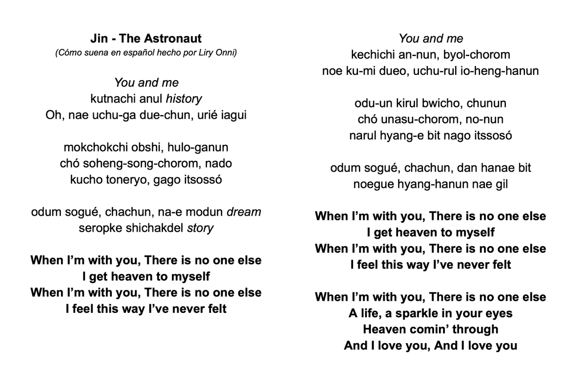 LiryOnni's tweet photo. Sería lindo aprendernos la letra de #TheAstronaut para el concierto o para el cine y que cantemos junto a seokjin 💜

Les comparto cómo suena lo más parecido al español la parte en coreano.

#JinXColdplay #JinEnArgentina #Jin
@BTS_twt #BTS #방탄소년단 #진 https://t.co/X5FXA4yeUq