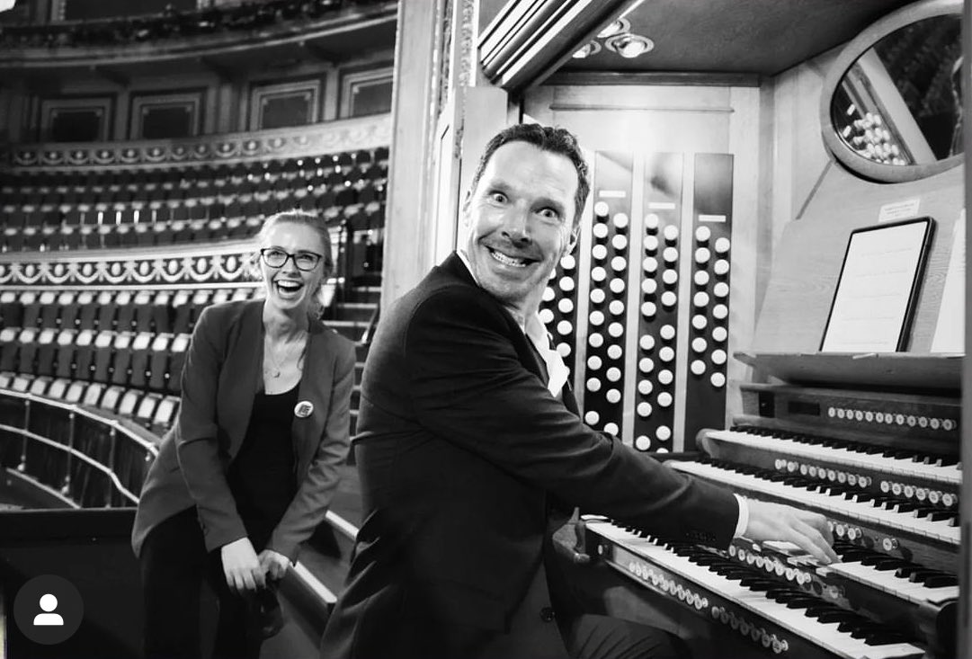 annalapwood's tweet photo. I AM NOT CALM RIGHT NOW. Benedict Cumberbatch pretending to be the Phantom of the Opera. He played some Bach. I didn’t ask him to say the word penguin. @RoyalAlbertHall https://t.co/6cm1pV7bj6