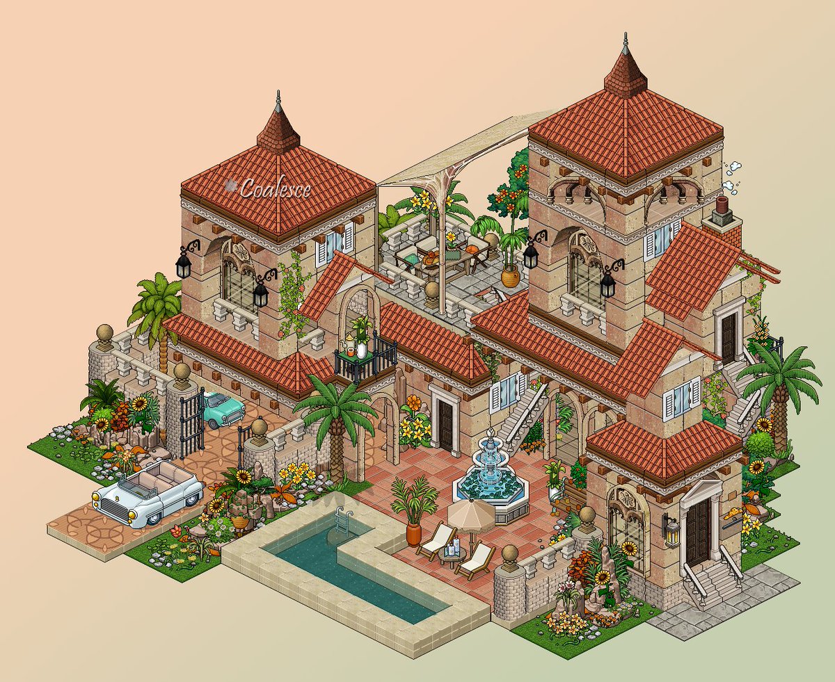 Coalesce37's tweet photo. Mediterranean Villa 🪴🌴⛲️
Spanish inspired
Can't decide on which version so you get both :)

ft. Bento's customs
Built on @habboxfrance https://t.co/a7tC1yKRmk