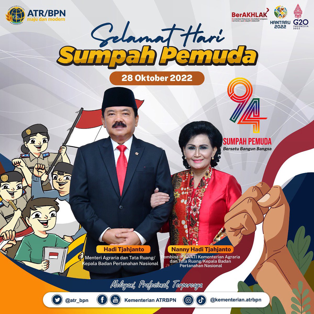 Bersama kita jaga selalu semangat Sumpah Pemuda 1928. 

Wujudkan kebanggaan terlahir sebagai Bangsa Indonesia. 

Bertanah air, berbangsa, dan berbahasa Indonesia dengan kerja keras untuk Indonesia maju.

Selamat Hari Sumpah Pemuda 2022 🇮🇩

"Bersatu Bangun Bangsa"

#sumpahpemuda