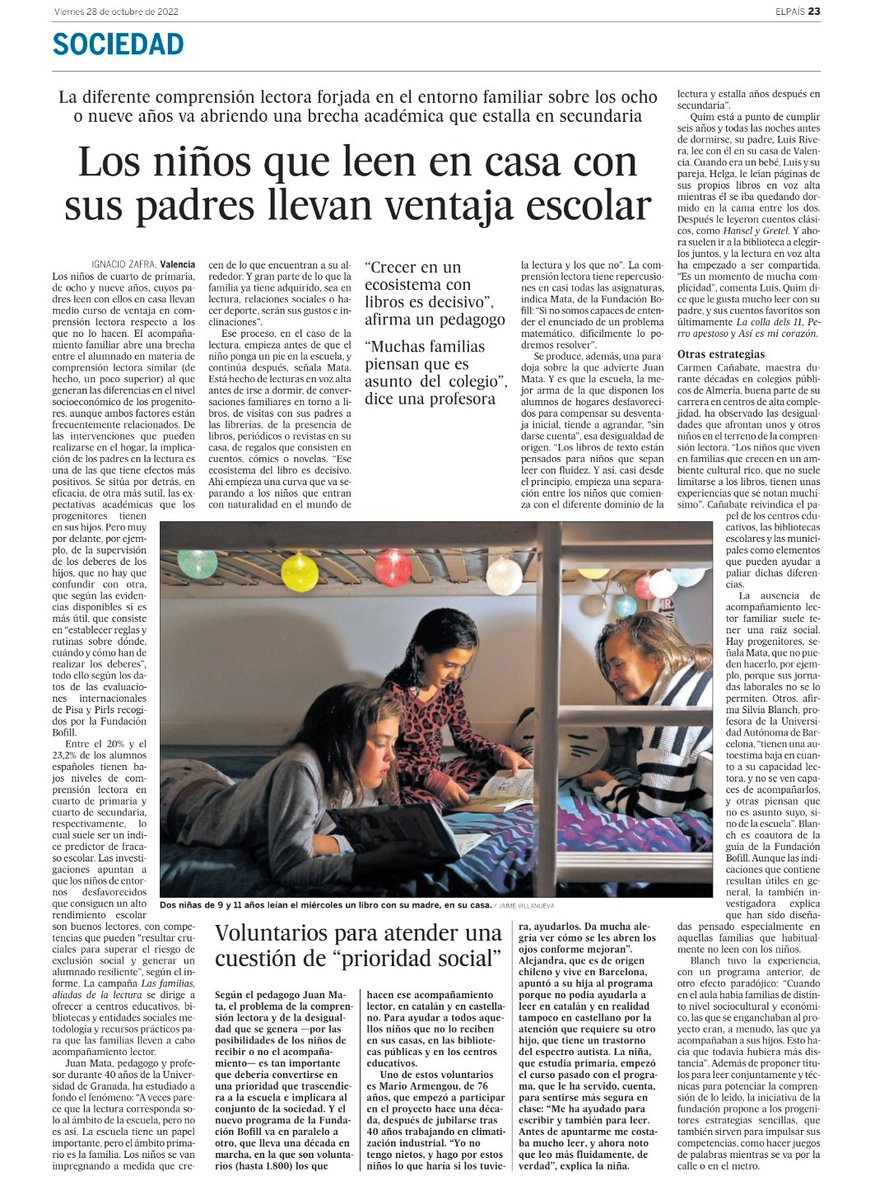 ✊ Los niños que leen en casa con sus padres llevan ventaja escolar'/ <a href="/I_Zafra/">Ignacio Zafra</a> a <a href="/el_pais/">EL PAÍS</a> cc <a href="/FundacioBofill/">Fundació Bofill</a>