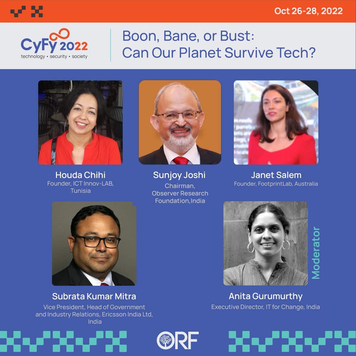 ORF GeoTech (@orfgeotech) on Twitter photo #CyFy2022 | Boon, Bane or Bust: Can Our Planet Survive #Tech?
<a href="/janetasalem/">Janet Salem</a>, <a href="/mitrasubrata/">Subrata Mitra</a>, Houda Chihi, <a href="/SunjoyJ/">Sunjoy Joshi</a> and Anita Gurumurthy discuss.
October 26-28 | New Delhi
<a href="/orfonline/">ORF</a> <a href="/orfgeotech/">ORF GeoTech</a>
Full agenda here 👉 orfonline.org/cyfy/programme… #CyFy2022 | Boon, Bane or Bust: Can Our Planet Survive #Tech?
<a href="/janetasalem/">Janet Salem</a>, <a href="/mitrasubrata/">Subrata Mitra</a>, Houda Chihi, <a href="/SunjoyJ/">Sunjoy Joshi</a> and Anita Gurumurthy discuss.
October 26-28 | New Delhi
<a href="/orfonline/">ORF</a> <a href="/orfgeotech/">ORF GeoTech</a>
Full agenda here 👉 orfonline.org/cyfy/programme…
