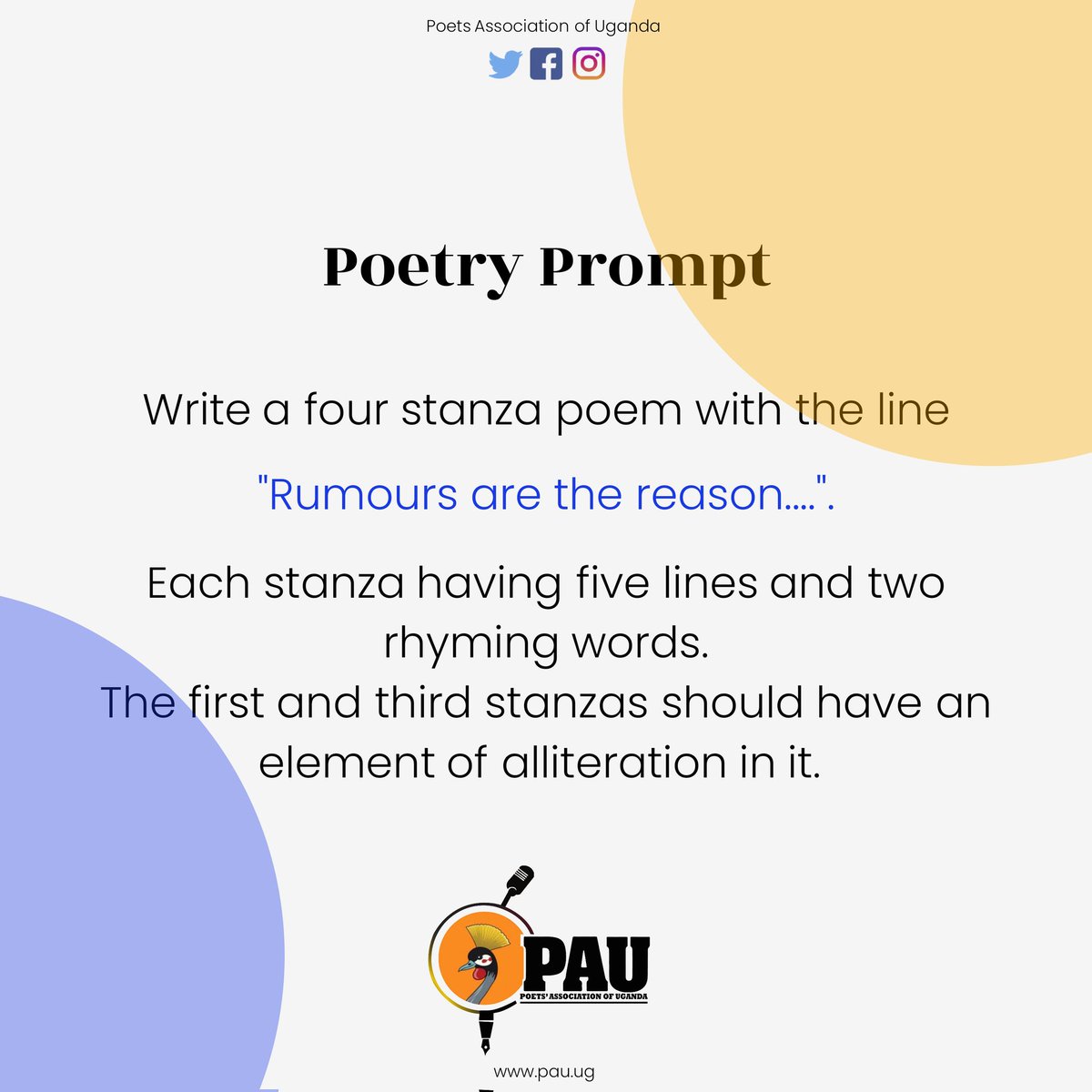 Poetry Prompt Friday!!!

#Poetry #Spokenword #SpokenwordArtist #Writing #TheCML #PoetryWorkshop #poetryprompt #poetsassocciationofuganda
@PoetryParlour_ @Benjamin_Watch @moreen_kays @NjapitMwaana @BelieverEvas @amviko_desire @keithvictormuga @_huza_