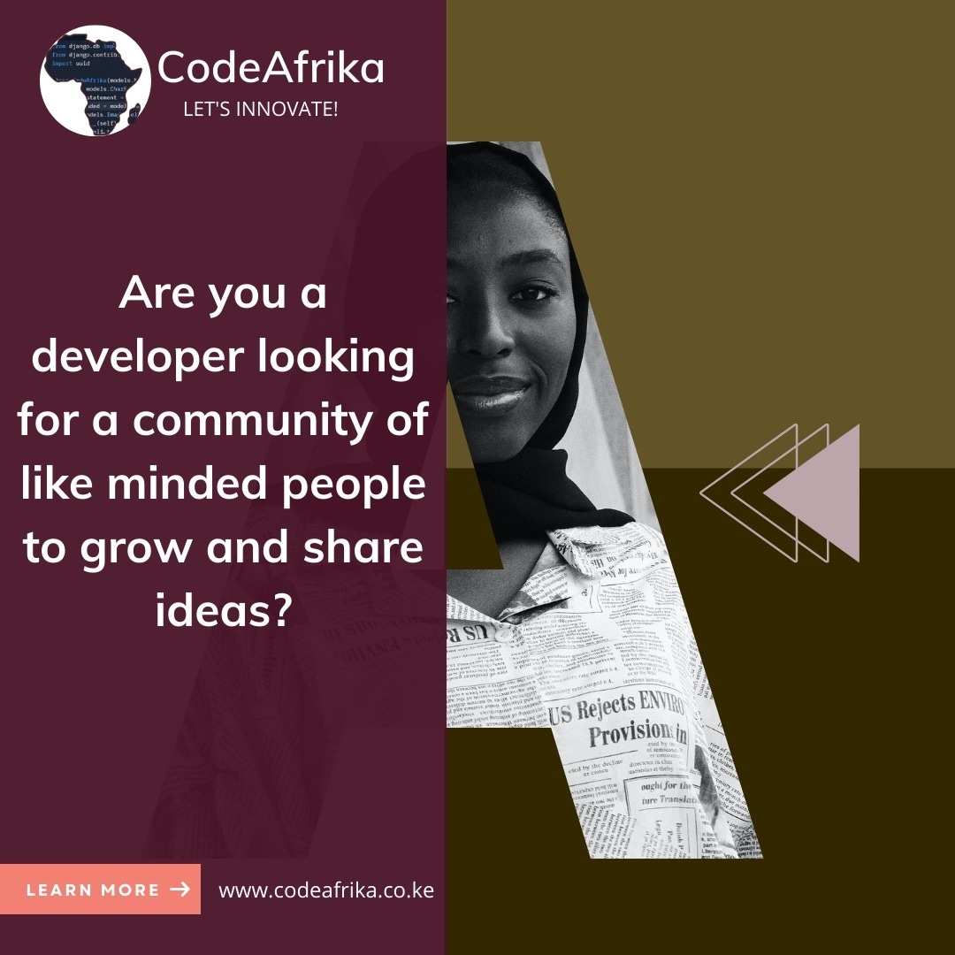 CodeAfrika's tweet image. community.codeafrika.co.ke/register?ref=C…
Happy Friday to you all 😃.How about a weekend suggestion- Join our developer community today and get to 
grow and be impactful beyond what we can see .