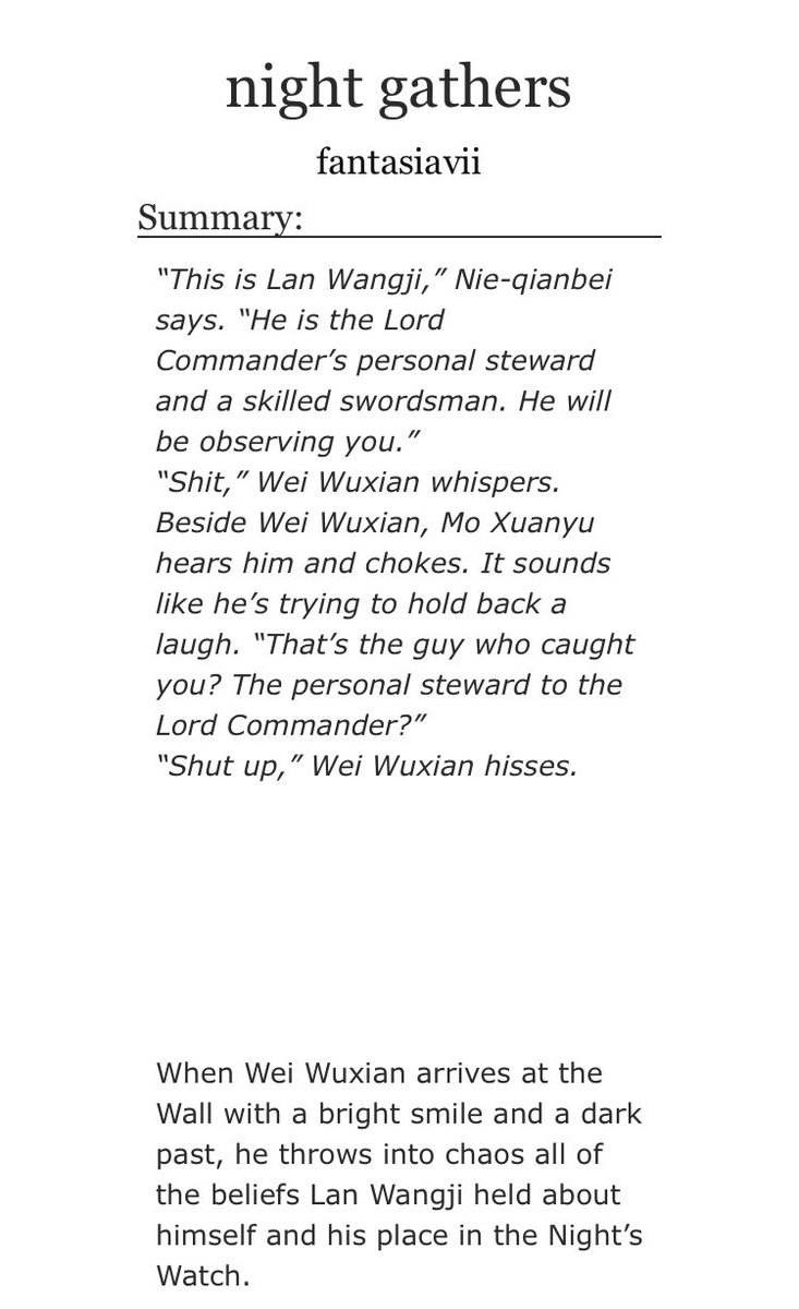 lanjehan1's tweet photo. My fic for @MDZSwipbang is here! Or at least the first chapter is!

❄️ Game of Thrones/Night’s Watch AU
❄️ enemies to friends to (eventual) lovers
❄️ WWX’s “it’s free brother!” tendencies https://t.co/I6TjDCJcnt