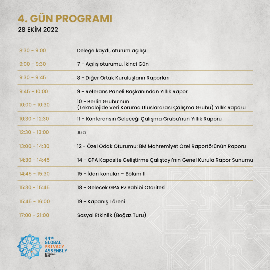 #GPATürkiye2022'nin 4. günü - Kapalı Oturum Programı

<a href="/PrivacyAssembly/">Global Privacy Assembly</a> <a href="/KVKKurumu/">KVKK</a> 

#GPA2022
#RiseOfPrivacy